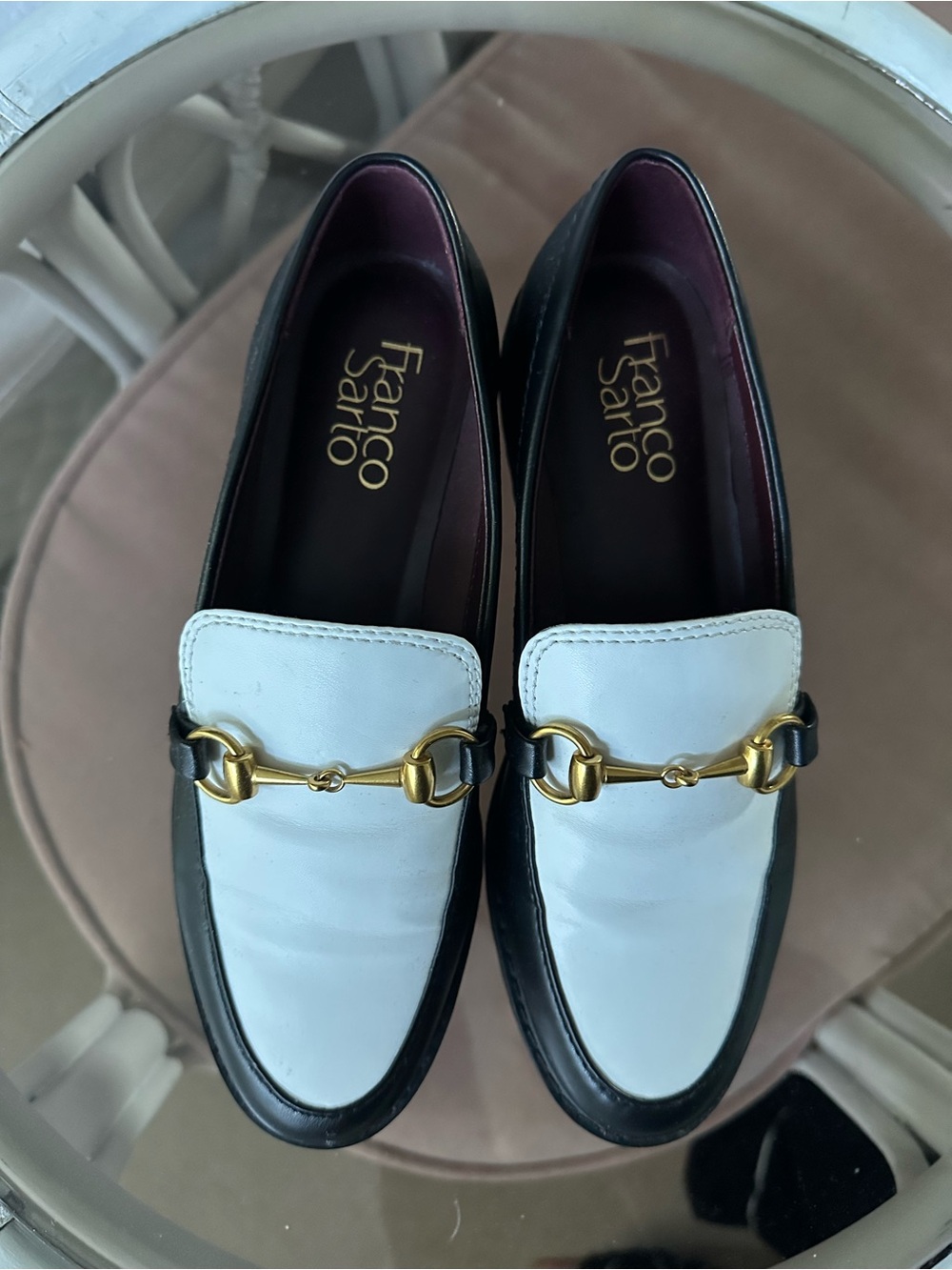 Franco Sarto Black and White Leather Gold Bit Loafers